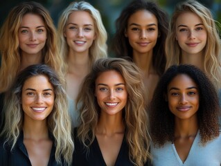 Fototapeta premium Group portrait of diverse young women with different hairstyles and skin tones smiling warmly against a natural blurred background