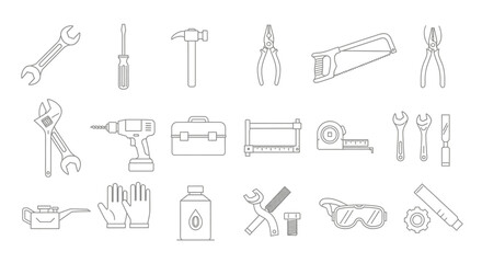 Outlined illustration of various hand tools used for construction and repair work.