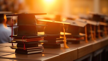 Graduation caps neatly stacked on wood, bathed in warm golden light, evoking academic achievement.