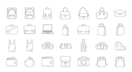 A collection of outline illustrations depicting various types of bags, including backpacks, purses, totes, briefcases, luggage, wallets, and shopping bags.