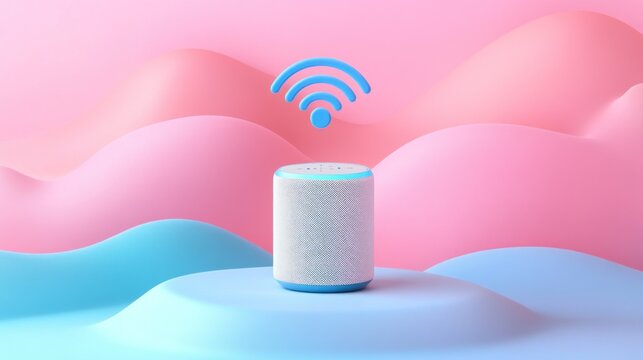 Wireless smart speaker on a pastel background with a wifi signal.