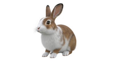 Adorable brown and white rabbit stands tall displaying its furry coat and alert ears on a solid background transparent background