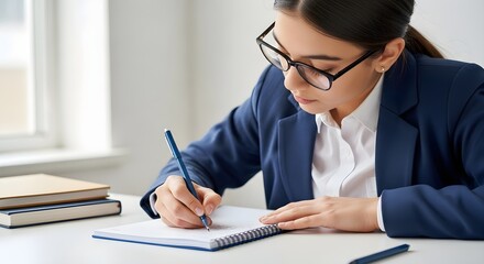 Woman in blue suit wearing glasses writing in notebook with pen stack of books nearby