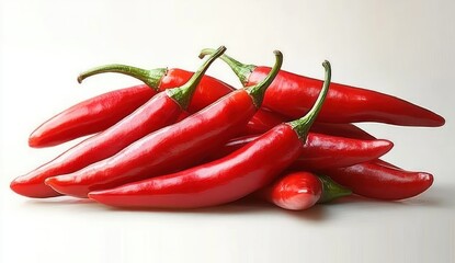 A group of bright red chili peppers with green stems lying on a white surface conveying freshness and spiciness