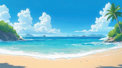 Serene tropical beach with gentle waves, clear blue ocean, soft sandy shore, lush green palm trees, and distant mountainous islands under a bright blue sky with fluffy white clouds
