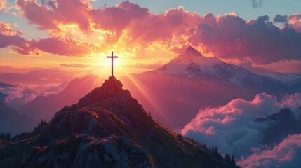 Sunset behind a cross on a rocky mountain peak with pink and purple clouds surrounding tall snowy mountain in the background