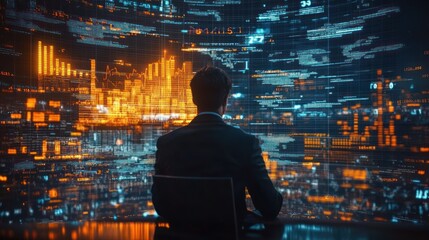 Man in suit sitting in front of multiple transparent digital screens displaying futuristic data visualizations and graphs with blue and orange glowing elements
