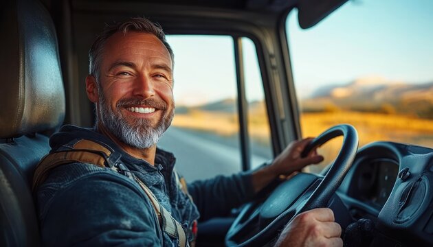 Smiling middle-aged man with gray beard driving a vehicle on a sunny day with scenic mountains and open road outside the window