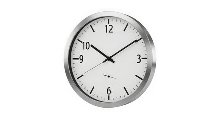 Classic analog wall clock with silver bezel displaying time in a modern room environment transparent background