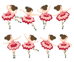 Christmas Ballerina girl character clipart set. Cute and lovely ballerina fairy drawing clip art collection wearing pink and red costume ballet dancer character design vector illustration.
