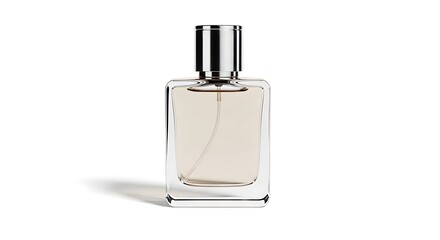 Elegant rectangular perfume bottle with silver cap isolated on white background