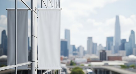 Obraz premium Blank White Banner Flag with City Skyline Background for Advertising and Marketing Campaigns