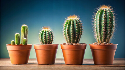 a row of cacti in pots against blue background