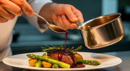 Chef plating a gourmet steak dish with asparagus potatoes and a rosemary garnish drizzling sauce
