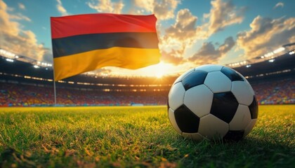 Naklejka premium Soccer ball on grass field with German flag waving at sunset in a crowded stadium under bright stadium lights