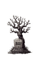 Fototapeta premium Spooky graveyard scene with eerie tree and humorous tombstone design