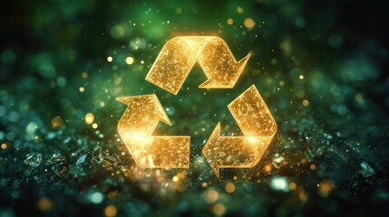 Glowing golden recycling symbol surrounded by sparkling bokeh lights on a dark green glittery background, evoking environmental awareness and sustainability