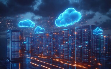 Futuristic digital server room with glowing neon blue cloud icons floating above rows of illuminated data racks under a dark cloudy sky, symbolizing cloud computing technology