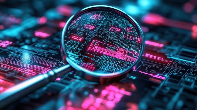 Close-up of a magnifying glass highlighting neon pink and blue digital circuit board patterns symbolizing technology and data analysis