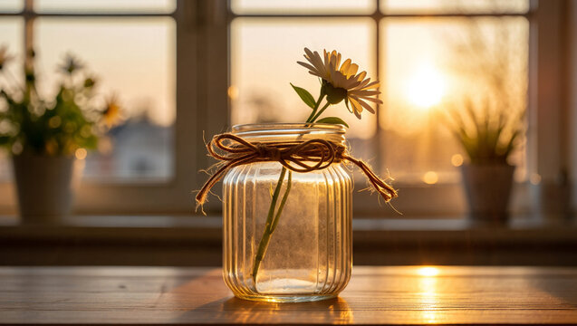 Find a quiet moment of calm and simple beauty with this elegant daisy, glowing in the soft, warm light of a window.