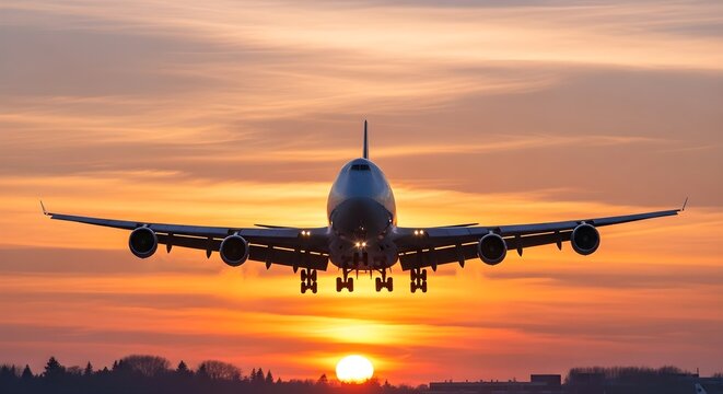 Wide body airplane with four engines approaching against a vibrant sunset sky