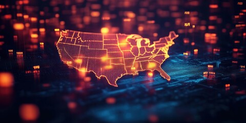 Digital glowing orange and blue map of the United States showing state boundaries with abstract data points hovering around