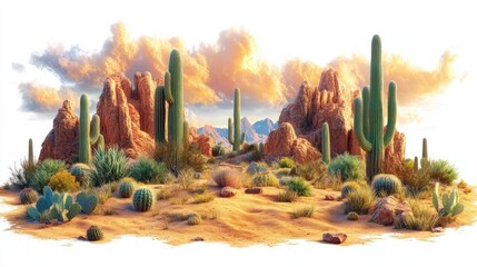 Vibrant desert landscape featuring tall green cacti, rocky red cliffs, scattered bushes, and warm golden sunlight illuminating fluffy clouds in a clear sky