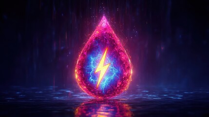 Glowing electric drop with vibrant purple and blue energy and a bright yellow lightning bolt symbol inside emitting light and sparks on a dark reflective surface