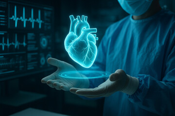 AI generated digital artwork of a glowing holographic human heart held by a doctor with futuristic medical data interface in a high tech lab