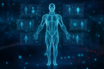 AI generated futuristic medical concept showing transparent holographic human body with muscles and skeleton surrounded by floating digital panels in sci fi laboratory atmosphere