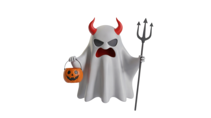 Mischievous ghost character with devil horns, trident, and pumpkin trick-or-treat bucket ready for Halloween fun and spooky celebrations