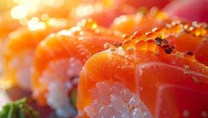 Sushi roll in an extreme macro reveals glistening rice, delicate raw fish, and seaweed textures. Vibrant colors and dramatic lighting elevate this traditional Japanese dish into edible art