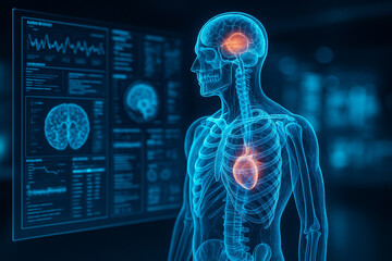 AI generated futuristic medical hologram of human anatomy showing skeleton organs and nervous system with digital data interface for advanced healthcare and research