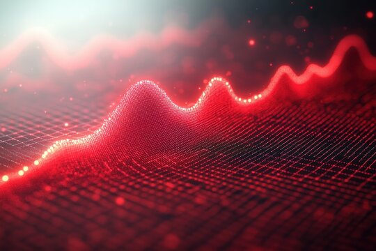 abstract glowing red wave with grid and dots creating a vibrant digital landscape effect
