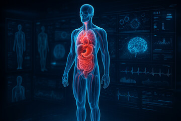 AI generated futuristic medical visualization showing holographic human body with glowing internal organs and digital health data interface in a sci fi atmosphere