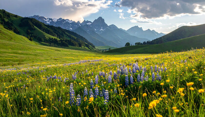 Fototapeta premium Scenic Green Valley with Pastel Wildflowers