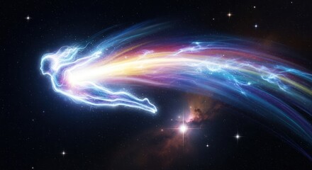Obraz premium Cosmic entity traversing through stardust, embodying celestial passage and vibrant ethereal