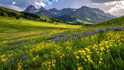 Fototapeta premium Blooming Pastel Meadow in Mountain Valley