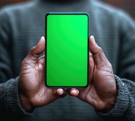 Close-up of hands holding a smartphone with a bright green screen against a blurred casual background, creating a sense of focus and anticipation