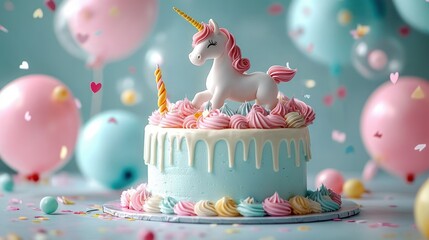 Light blue and pastel color round birthday cake with white drip icing, decorated with a pink and white unicorn figurine and a single twisted candle, surrounded by balloons and confetti