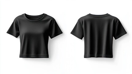 front and back view of a plain black short-sleeve cropped t-shirt on white background with realistic shadows