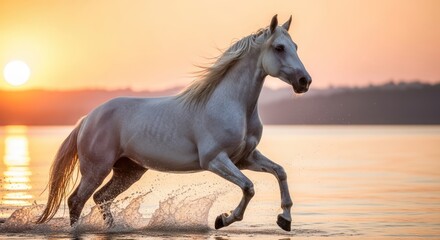 Majestic white horse galloping through shallow water during a golden sunset scenery