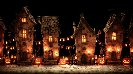 A row of houses with Halloween decorations on them