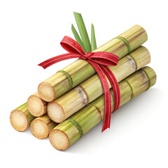 Sugarcane bundle with a ribbon: A close-up shot of a bundle of fresh sugarcane, tied with a festive ribbon. Perfect for illustrating agricultural concepts, the culinary world, and eco-friendly themes.