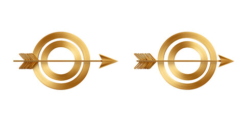 Two golden arrow piercing through concentric circle target icons, set against a transparent backdrop, representing precision, focus, and attainment of goals, PNG