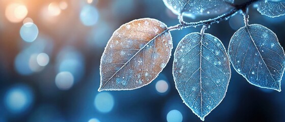 Close-up of frost-covered leaves glowing under soft sunlight with a blurred blue and orange bokeh background creating a serene winter atmosphere