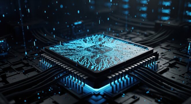 Advanced microchip technology with intricate blue circuitry patterns illuminated by blue neon lights - Powered by Adobe