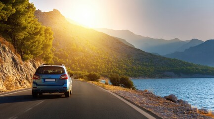 Blue car driving along a beautiful coastal road at sunset, with mountains and sea in the background, enjoying a summer road trip