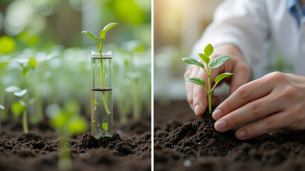 A researcher carefully removes a green sprout from a glass test tube grown in a laboratory. Close-up of an employee's hands planting a prepared plant seedling in prepared soil