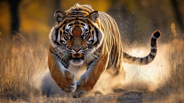 Close-up image of a tiger running aggressively towards the camera on a dirt path surrounded by dry grass with a blurred natural background